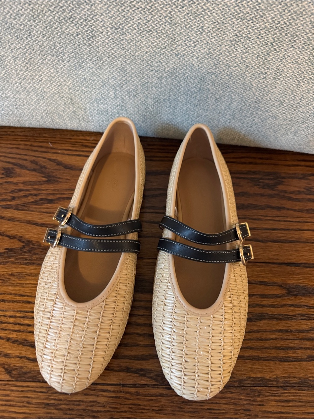 American Vintage Beige Woven Mary Jane Flats with Black Double Straps